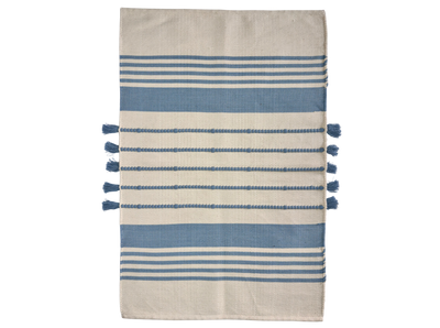 Hand Woven Rugs with Tussels in White & Light Navy Blue for Timeless Decor