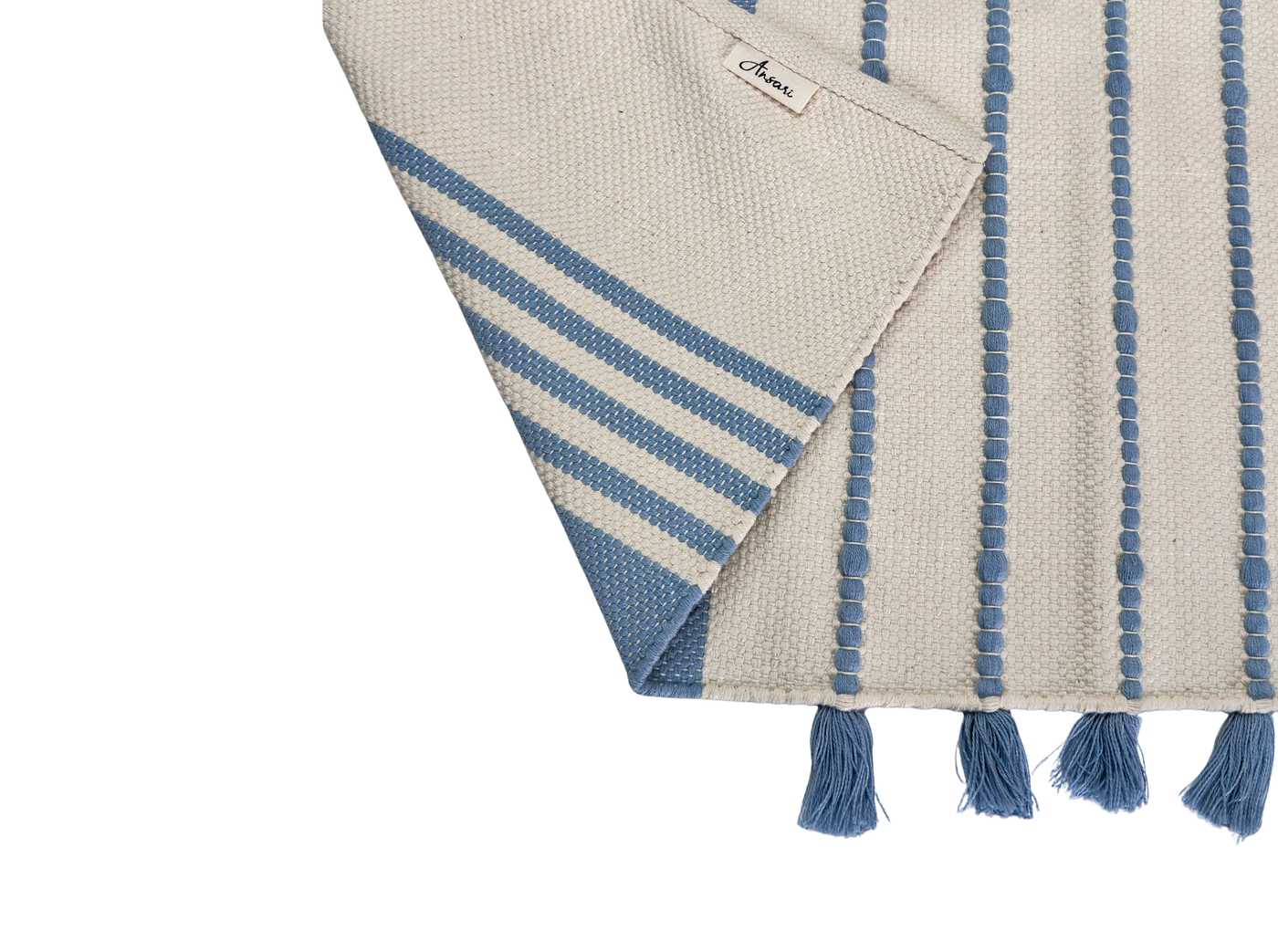 Hand Woven Rugs with Tussels in White & Light Navy Blue for Timeless Decor