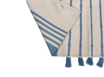 Hand Woven Rugs with Tussels in White & Light Navy Blue for Timeless Decor