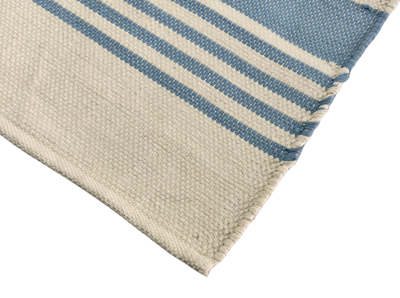 Hand Woven Rugs with Tussels in White & Light Navy Blue for Timeless Decor