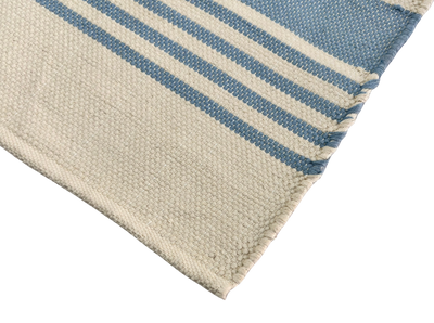 Hand Woven Rugs with Tussels in White & Light Navy Blue for Timeless Decor