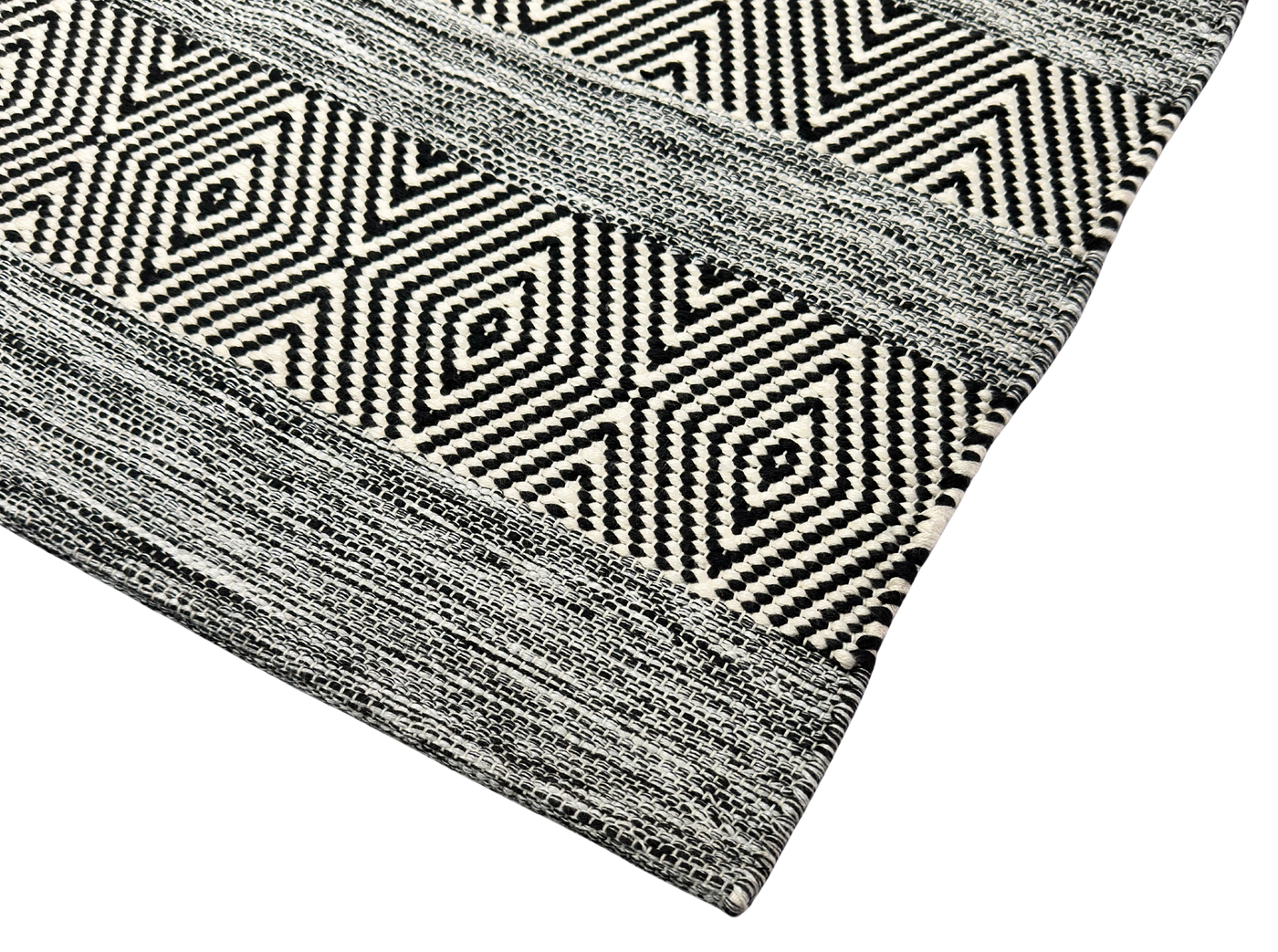 Hand Woven Black and White Rugs - Stylish Diamond & Stripes Design