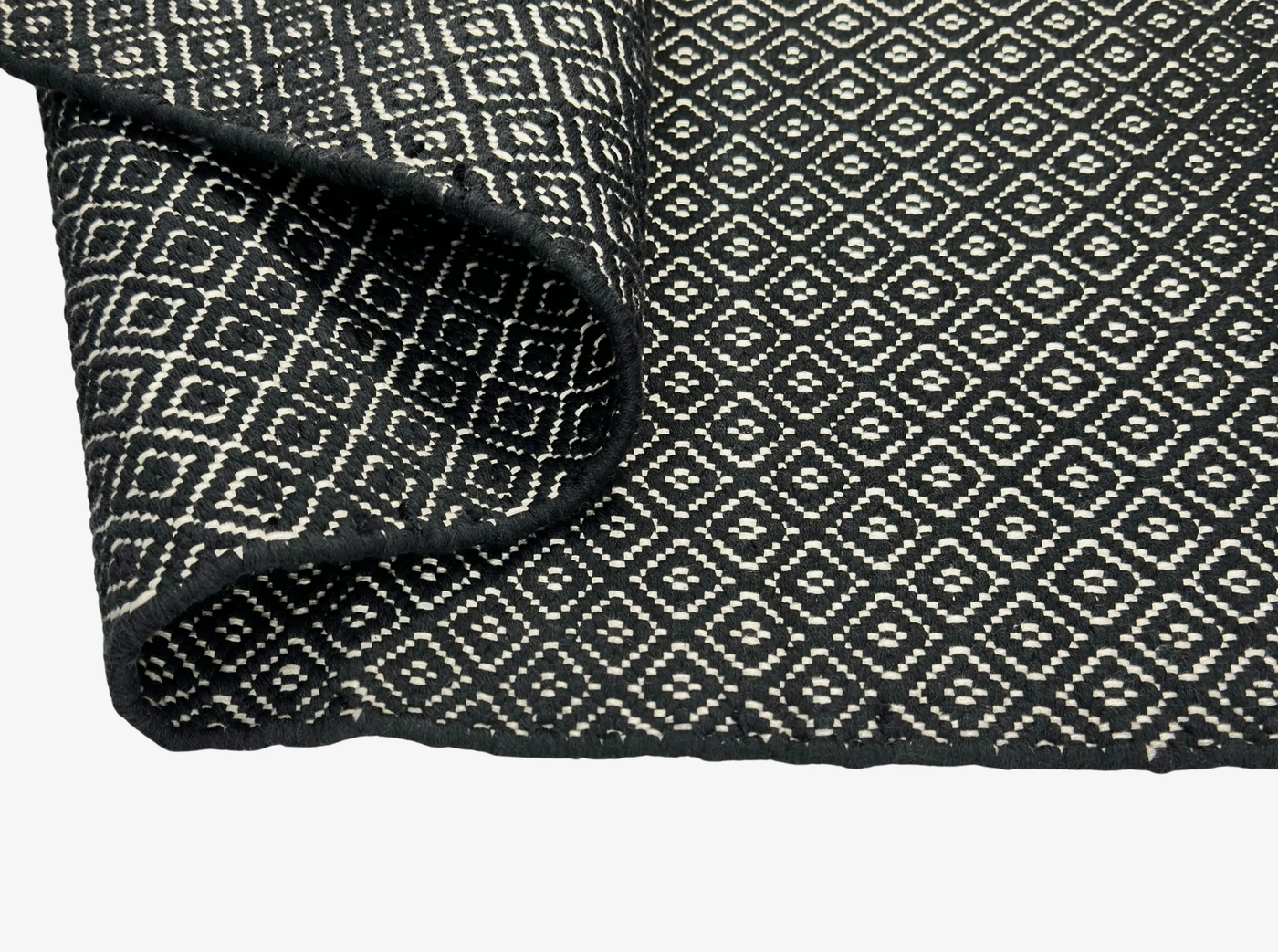 Hand Woven Rugs - Black & Natural  Diamond Pattern - Ansari