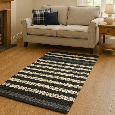 Hand Woven Rugs - Black & Natural stripes - Ansari