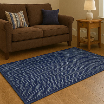 Hand Woven Rugs - Blue and Natural zigzag - Ansari