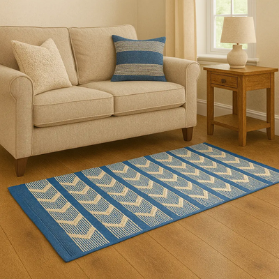 Hand Woven Rugs - Blue and Natural Stripe - Ansari