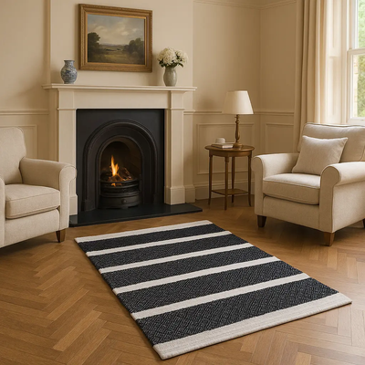 Hand Woven Rugs - Black & Natural big stripes - Ansari