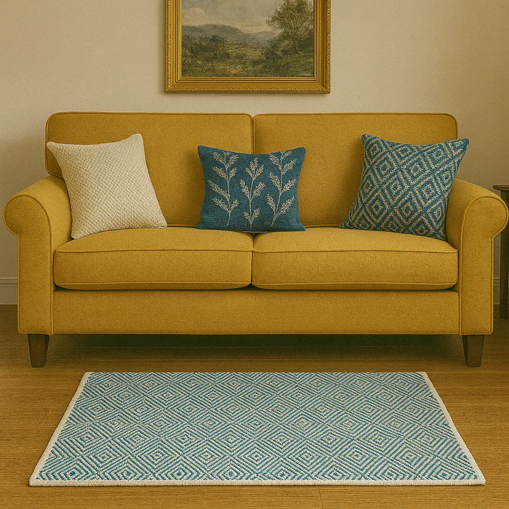 Hand Woven Rugs - Light Blue & Natural  Diamond Pattern. - Ansari