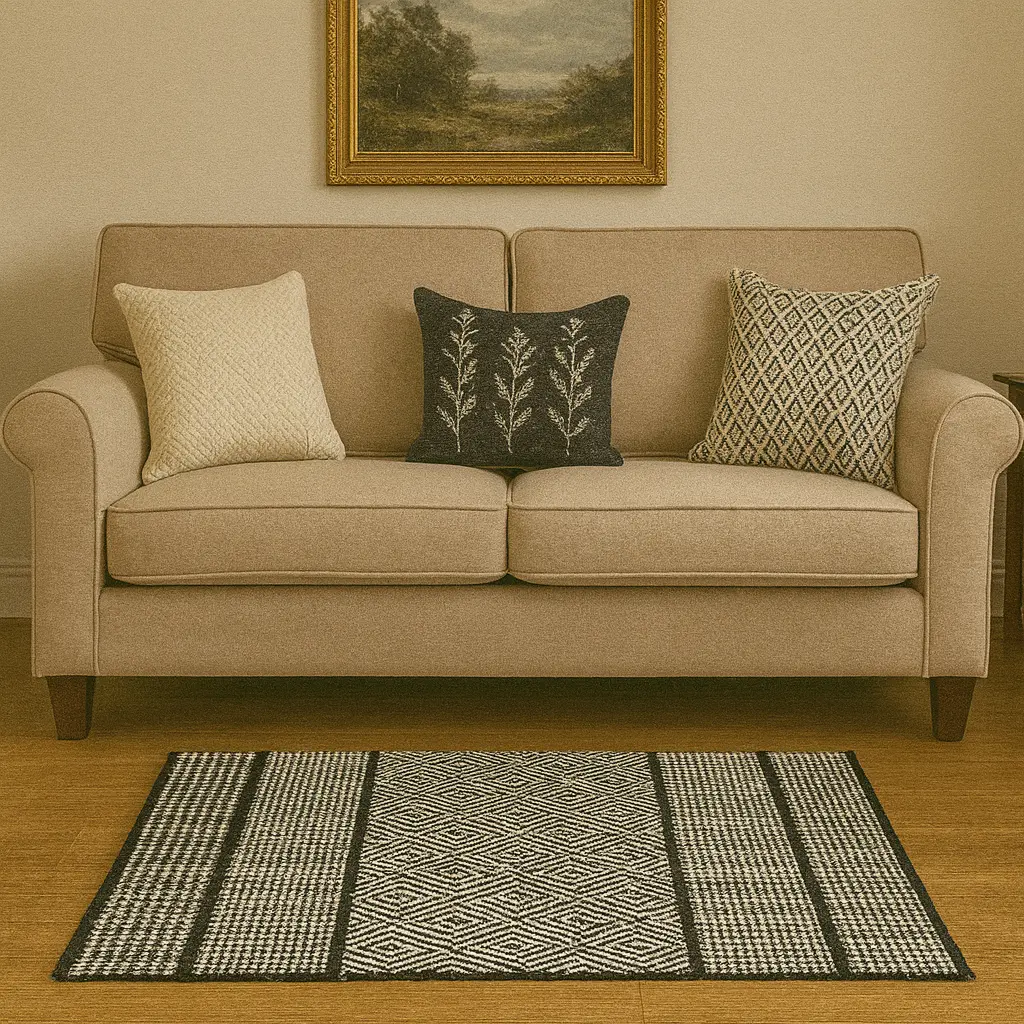 Hand Woven Rugs - Black & Natural diamond with stripe - Ansari