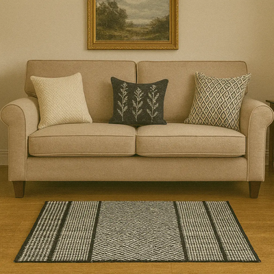 Hand Woven Rugs - Black & Natural diamond with stripe - Ansari