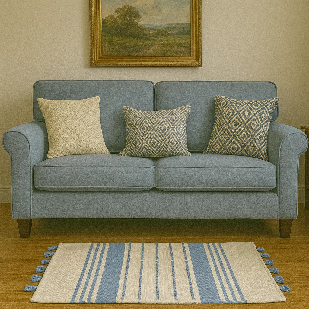 Hand Woven Rugs - white & light Navy blue with tussels - Ansari