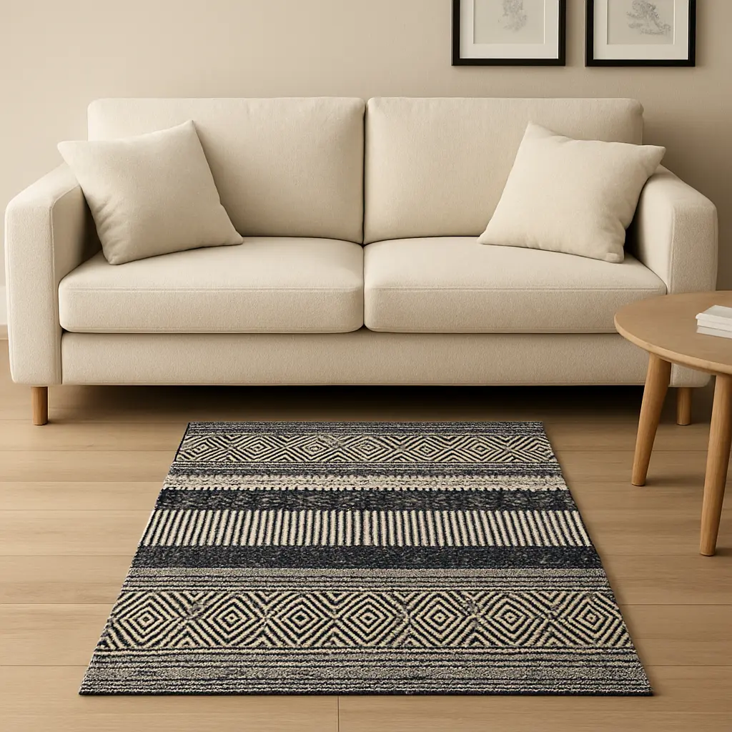 Hand Woven Rugs - Black & white, diamond & Stripes - Ansari