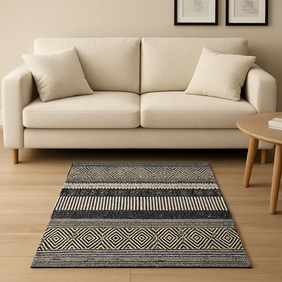 Hand Woven Rugs - Black & white, diamond & Stripes - Ansari