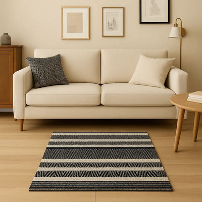 Hand Woven Rugs - Stylish Black, Gray & Natural Stripes for Elegant Spaces - Ansari