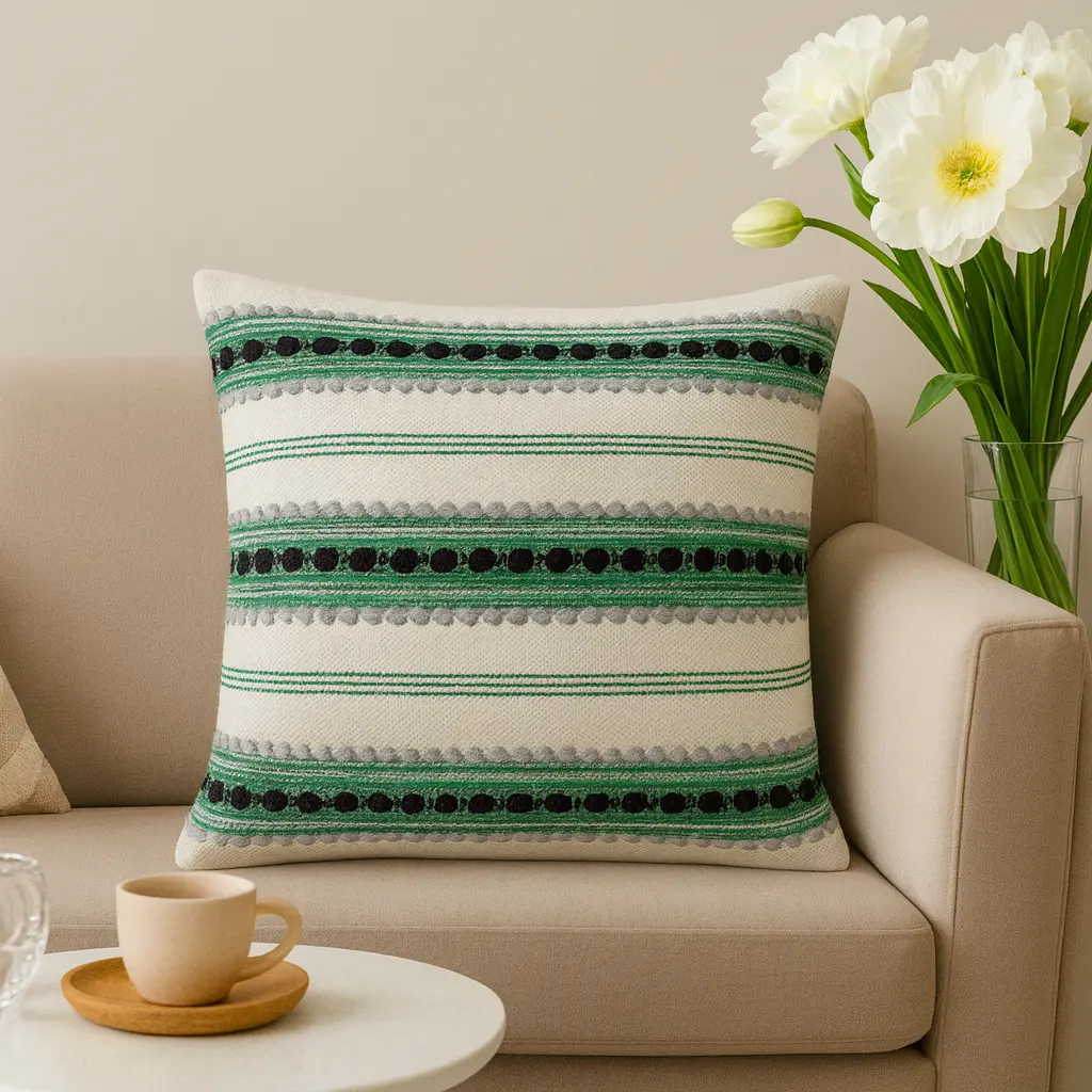 Hand Crafted Cushion - Green, Natural & Black - Ansari