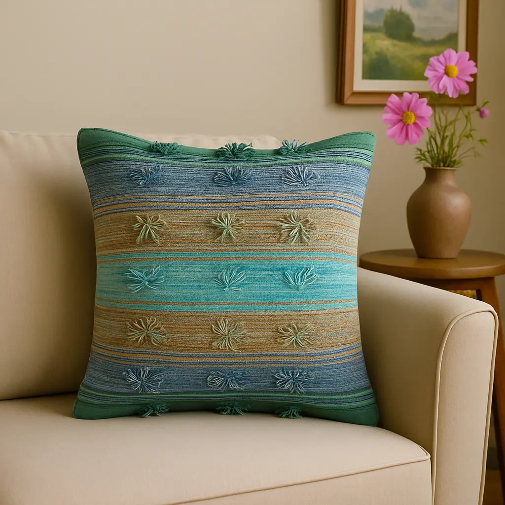 Hand Crafted Cushion Cover - Gray, green & Yellow - Ansari