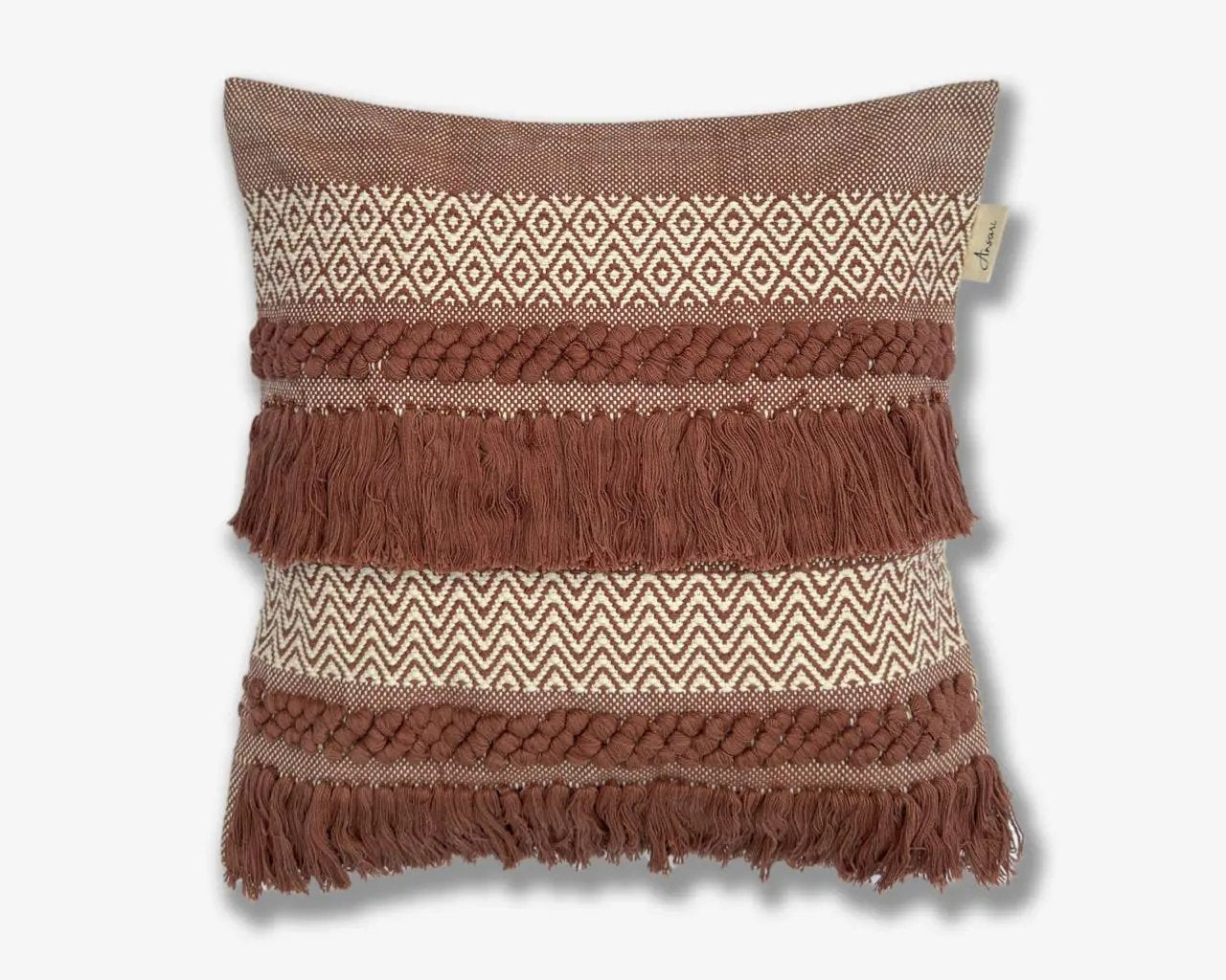 Boho Cushion Cover - Hand Woven Natural and Dark Brown Design