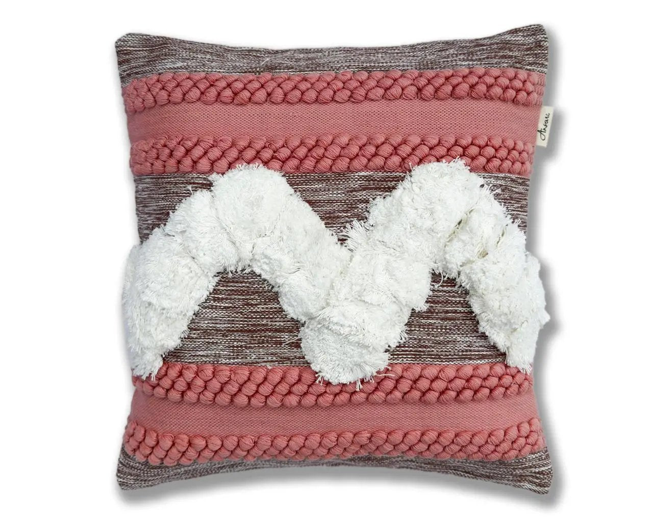 Hand Woven Shaggy Style Cushion Cover - Natural ,Pink & Black