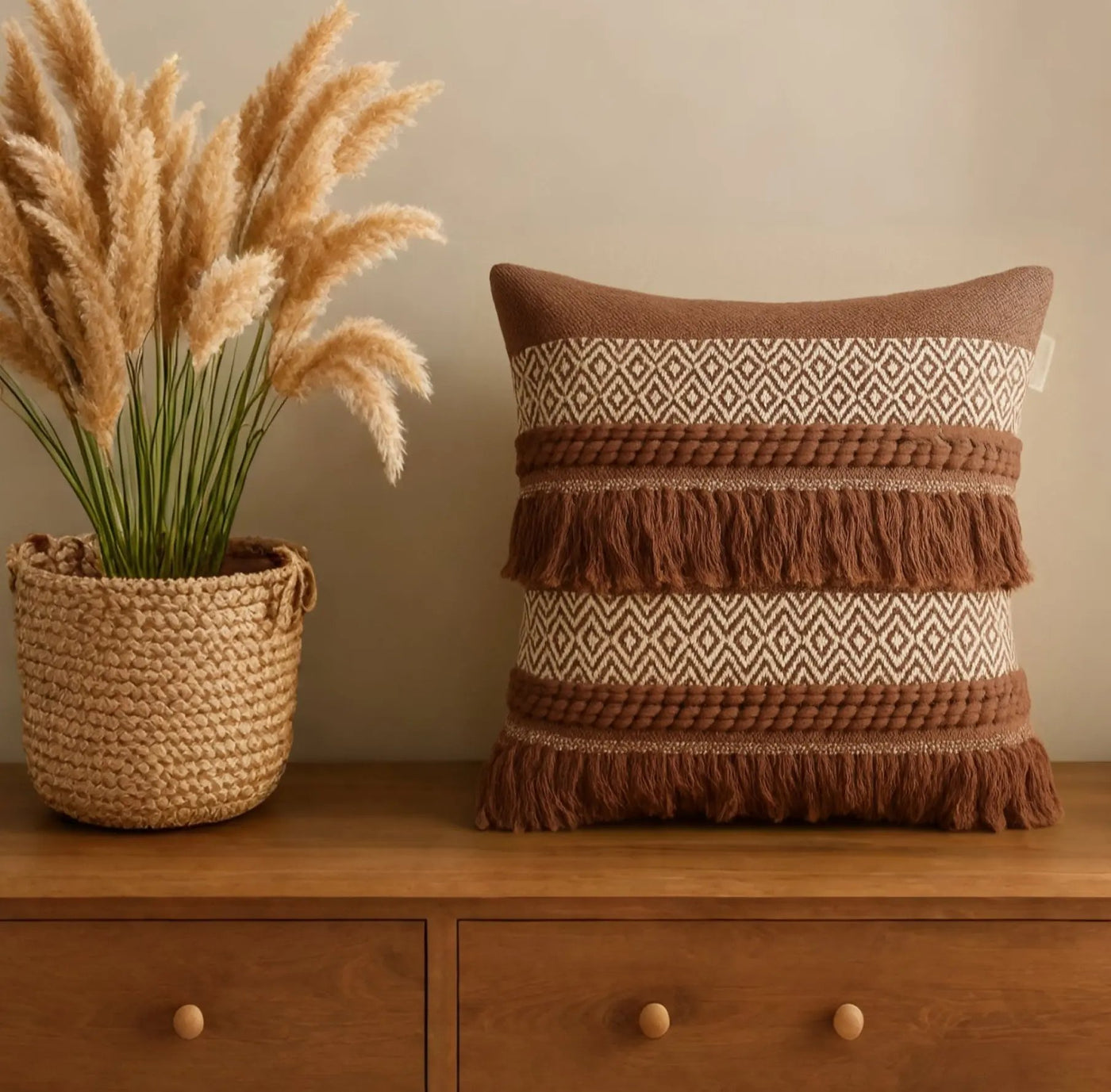 Boho Cushion Cover - Hand Woven Natural and Dark Brown Design
