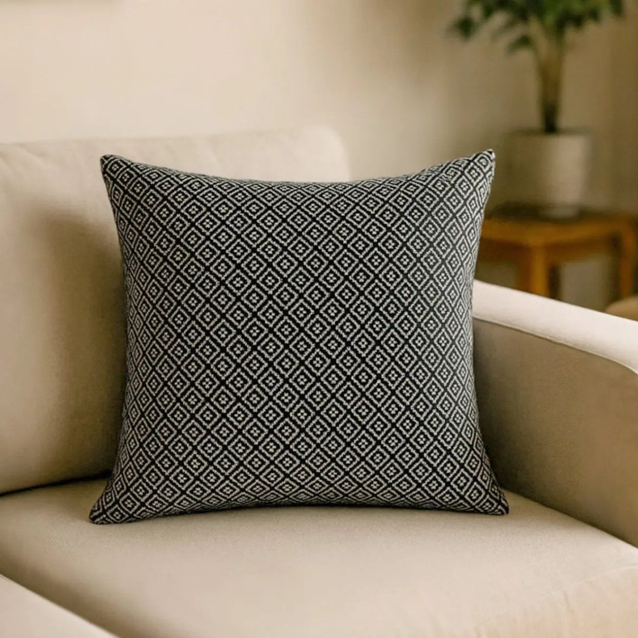 Boho Hand Woven Cushion Cover in White & Black