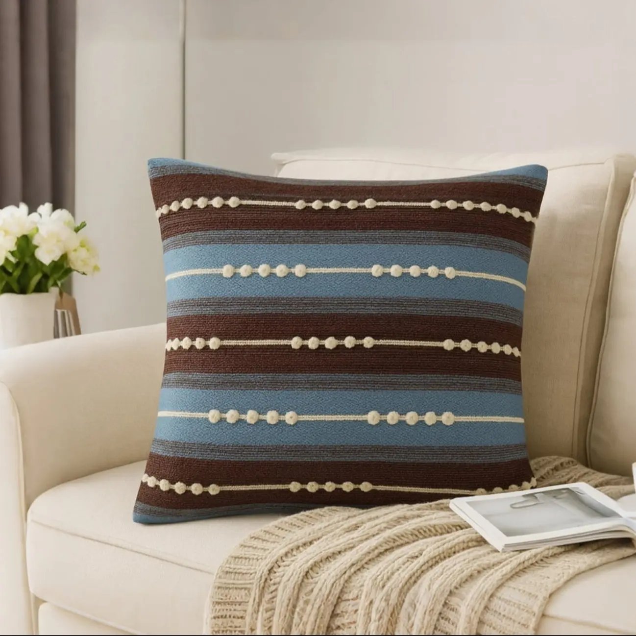 Striped Handcrafted Cushion in Brown and Navy - Unique Handcrafted Striped Cushion for Home Decor