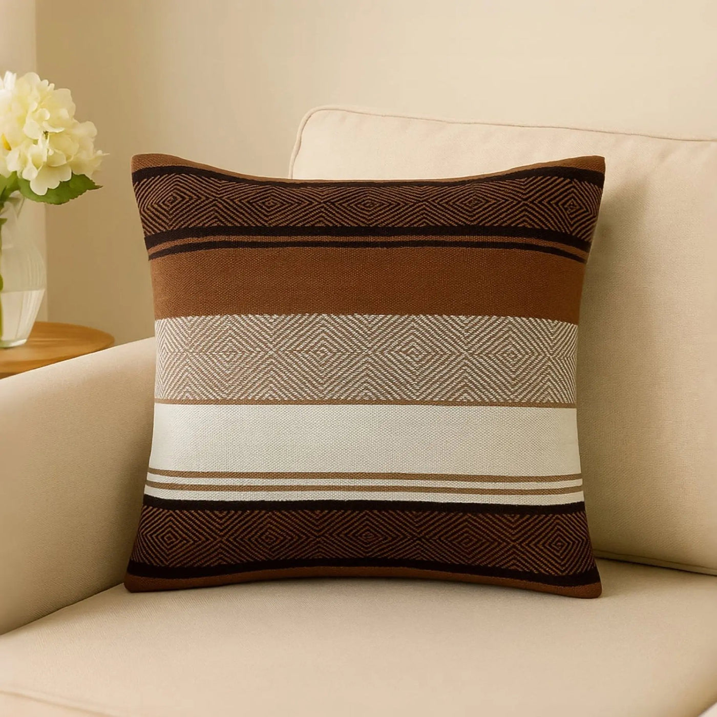 Boho Cushion Cover - Hand Woven Natural & Brown Design