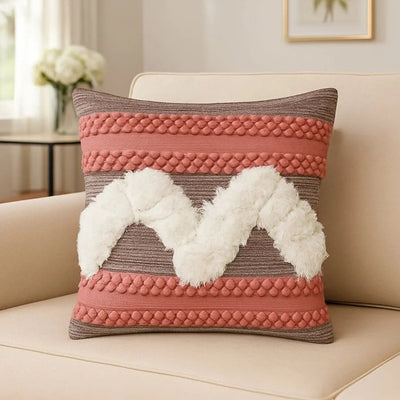 Hand Woven Shaggy Style Cushion Cover - Natural ,Pink & Black