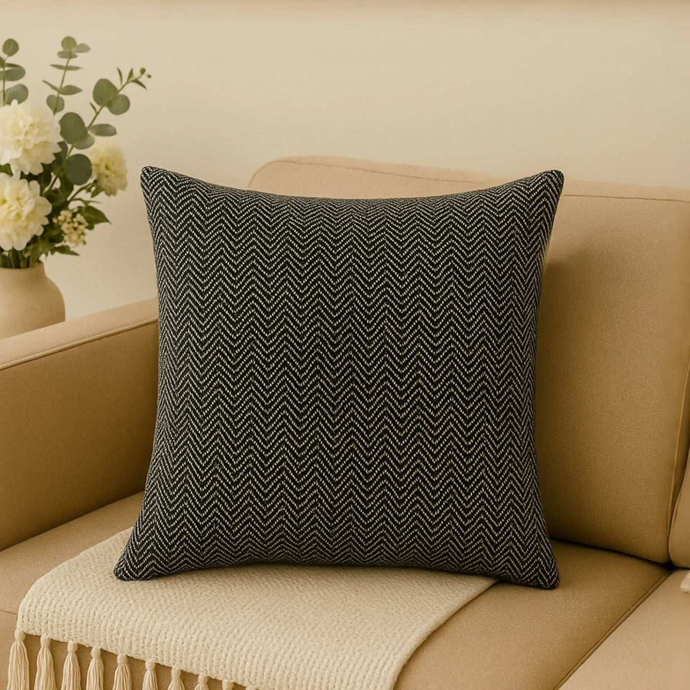 Boho Cushion Cover Natural & Black - Hand Woven Design
